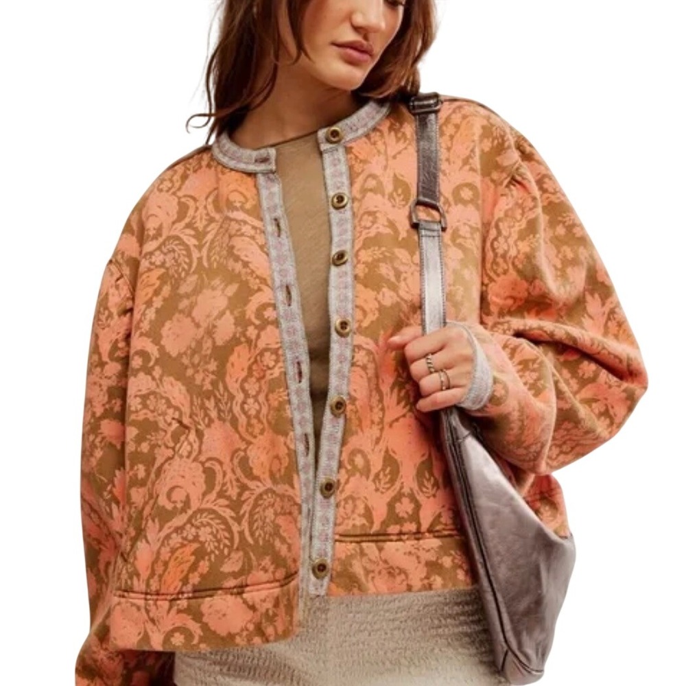 Free People Floral Damask Cropped Boho Button Front Puff Sleeve Jacket Size XS